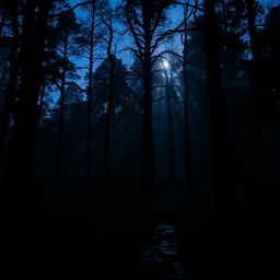 A mystical forest at twilight, where shadows of tall, ancient trees stretch across the dense underbrush