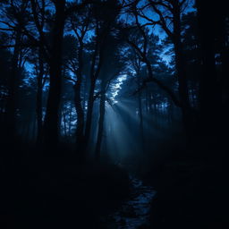 A mystical forest at twilight, where shadows of tall, ancient trees stretch across the dense underbrush