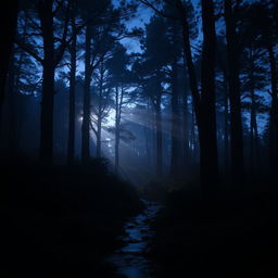 A mystical forest at twilight, where shadows of tall, ancient trees stretch across the dense underbrush