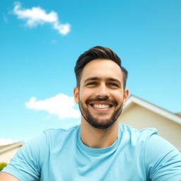 A friendly 35-year-old man sitting outdoors on a sunny day, wearing a light blue t-shirt