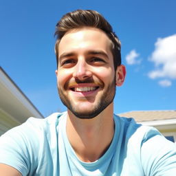 A friendly 35-year-old man sitting outdoors on a sunny day, wearing a light blue t-shirt
