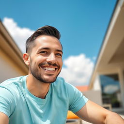 A friendly 35-year-old man sitting outdoors on a sunny day, wearing a light blue t-shirt