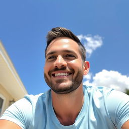 A friendly 35-year-old man sitting outdoors on a sunny day, wearing a light blue t-shirt