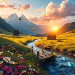 A beautiful fantasy landscape set in a lush valley with a crystal-clear river flowing through it