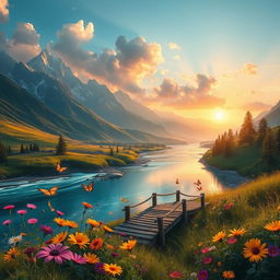 A beautiful fantasy landscape set in a lush valley with a crystal-clear river flowing through it