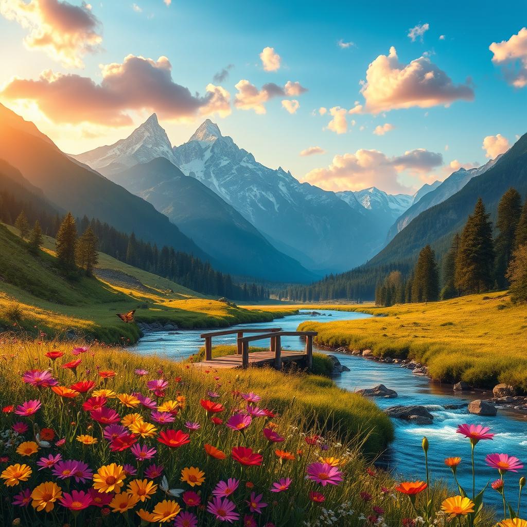 A beautiful fantasy landscape set in a lush valley with a crystal-clear river flowing through it