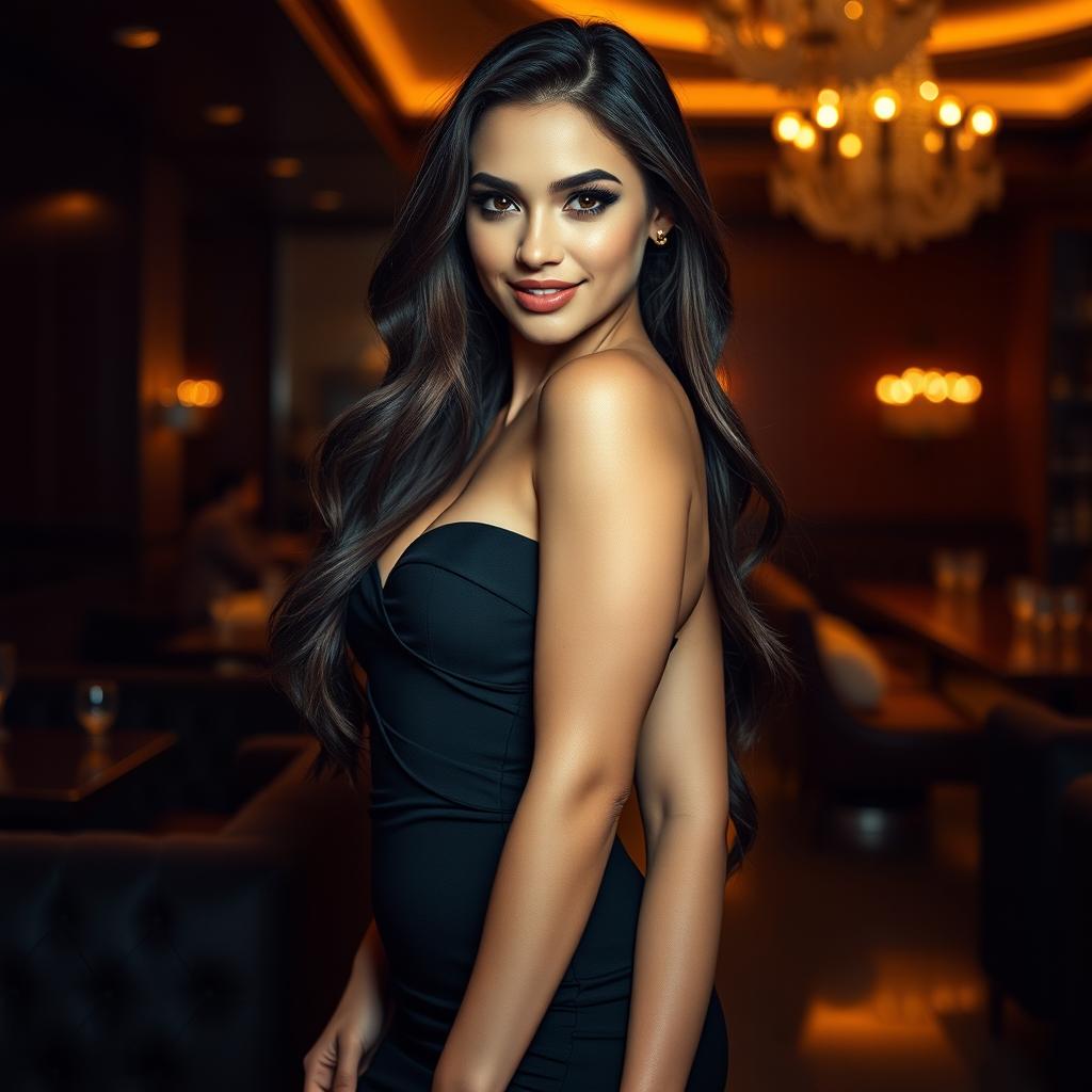 A stunning, seductive woman with long flowing hair, wearing a stylish, form-fitting black dress that accentuates her curves