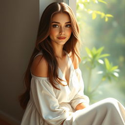 A detailed and captivating portrait of a serene woman with long, flowing brunette hair, sitting gracefully by a window, with soft sunlight illuminating her face