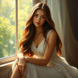 A detailed and captivating portrait of a serene woman with long, flowing brunette hair, sitting gracefully by a window, with soft sunlight illuminating her face