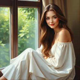 A detailed and captivating portrait of a serene woman with long, flowing brunette hair, sitting gracefully by a window, with soft sunlight illuminating her face