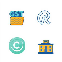 A collection of small, stylized icons representing various legal licenses including GST (Goods and Services Tax), trademark, copyright, and business license