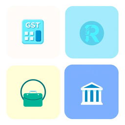 A collection of small, stylized icons representing various legal licenses including GST (Goods and Services Tax), trademark, copyright, and business license