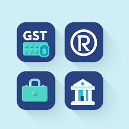 A collection of small, stylized icons representing various legal licenses including GST (Goods and Services Tax), trademark, copyright, and business license