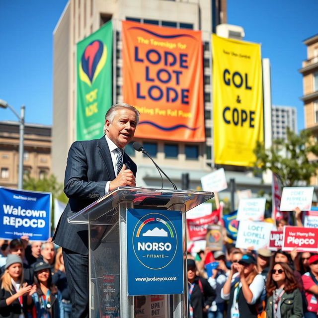 A charismatic political figure standing confidently at a podium, delivering a passionate speech to an enthusiastic crowd in a vibrant city square