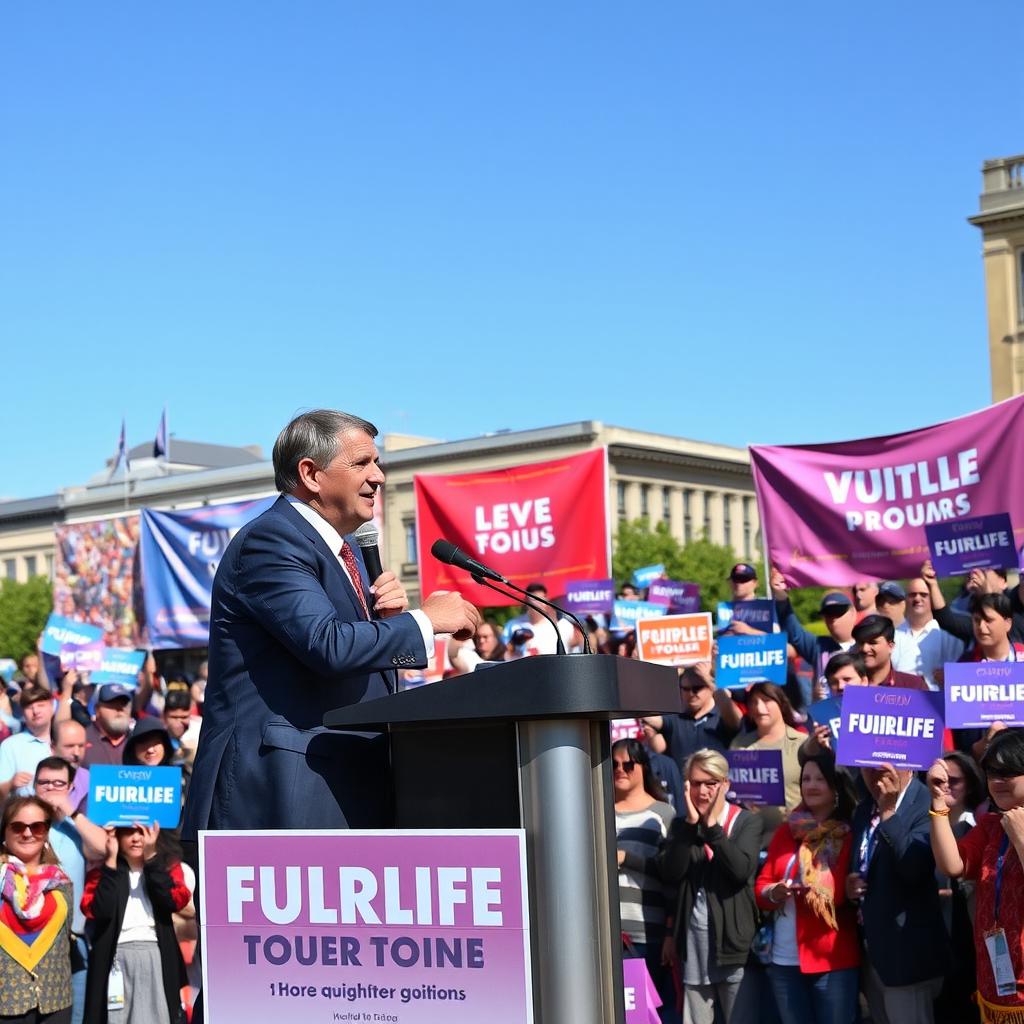 A charismatic political figure standing confidently at a podium, delivering a passionate speech to an enthusiastic crowd in a vibrant city square