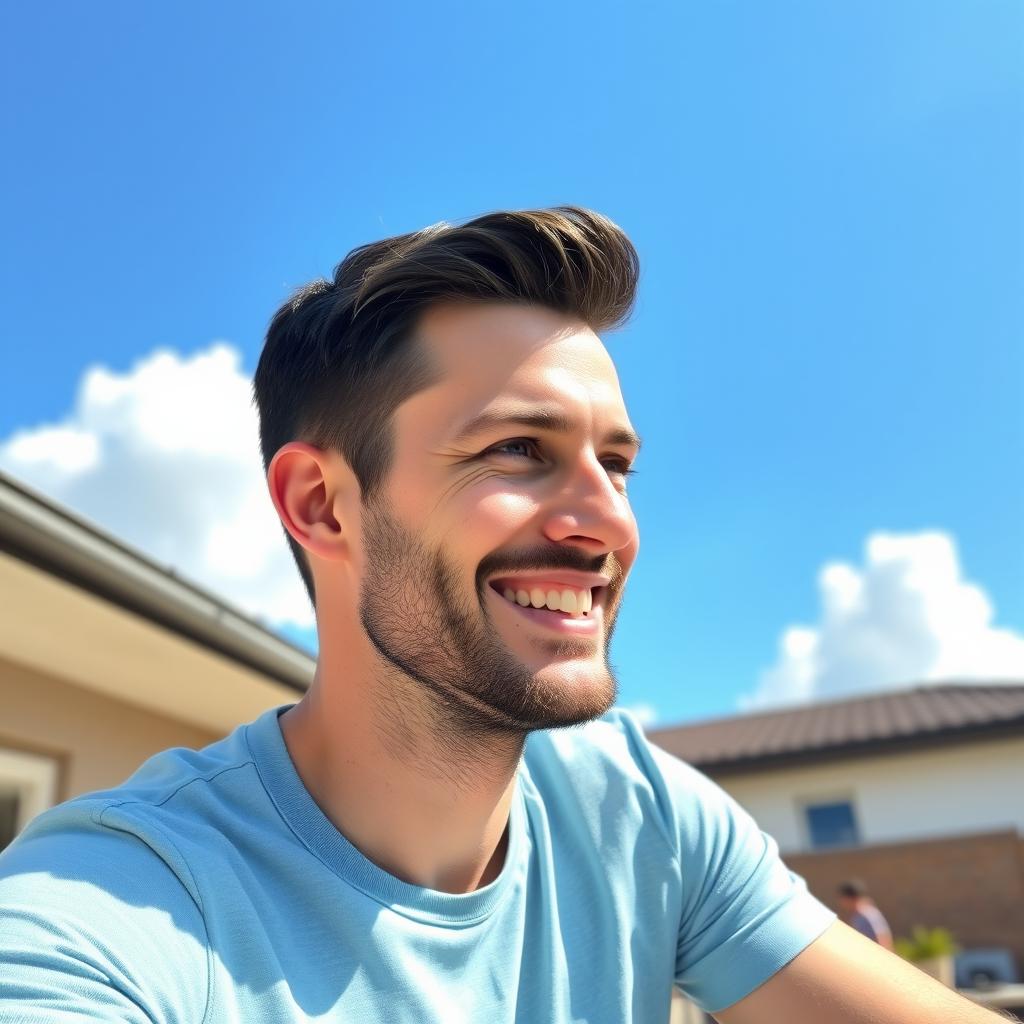 A friendly 35-year-old man sitting outdoors on a sunny day, wearing a light blue t-shirt