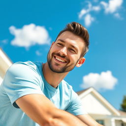 A friendly 35-year-old man sitting outdoors on a sunny day, wearing a light blue t-shirt