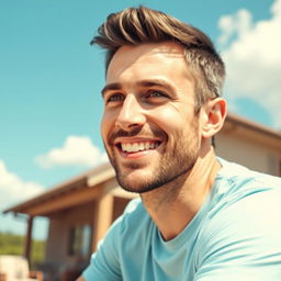 A friendly 35-year-old man sitting outdoors on a sunny day, wearing a light blue t-shirt