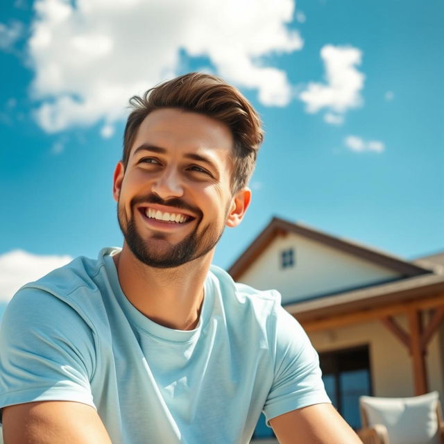 A friendly 35-year-old man sitting outdoors on a sunny day, wearing a light blue t-shirt