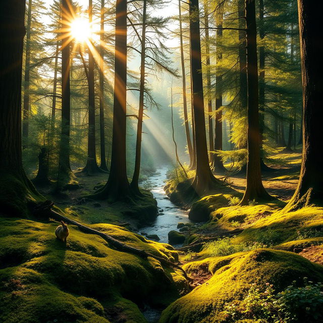 A breathtaking view of a sunlit forest with tall, majestic trees and golden rays filtering through the green foliage