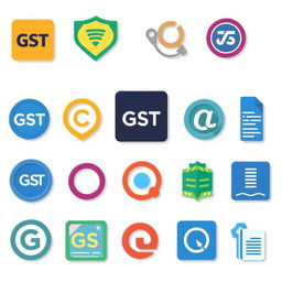 A collection of small, visually appealing icons representing different licenses, including GST, trademark, copyright, and others