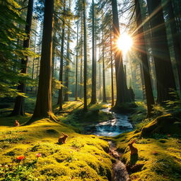 A breathtaking view of a sunlit forest with tall, majestic trees and golden rays filtering through the green foliage