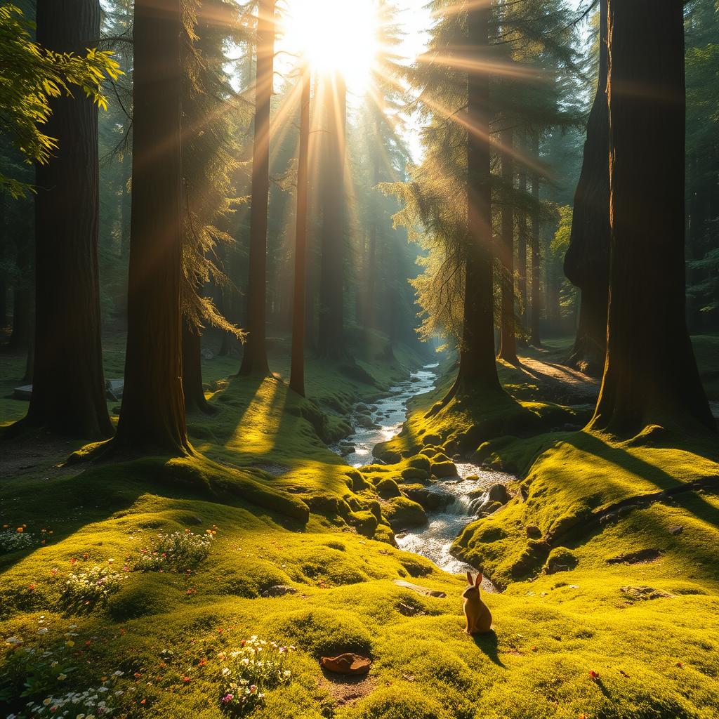 A breathtaking view of a sunlit forest with tall, majestic trees and golden rays filtering through the green foliage