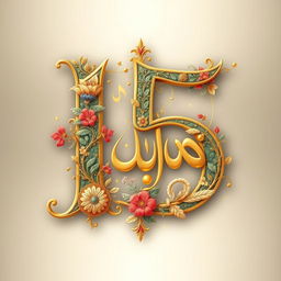 A stunning and elegant depiction of the Persian numeral 15, intricately designed with traditional Persian calligraphy and art