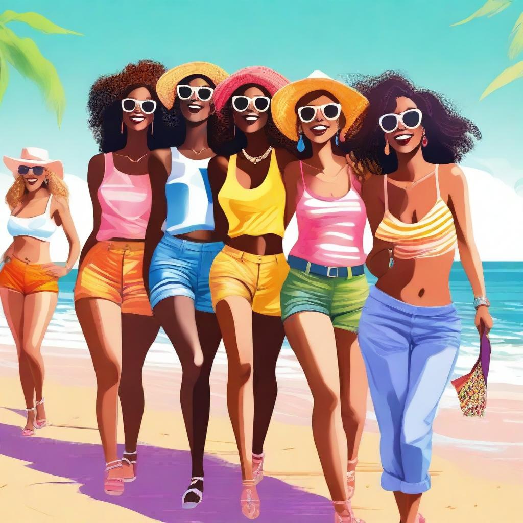 A digital art featuring a group of fashionable young women enjoying a sunny day at the beach