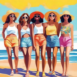 A digital art featuring a group of fashionable young women enjoying a sunny day at the beach