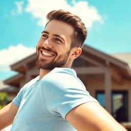 A friendly 35-year-old man sitting outdoors on a sunny day, wearing a light blue t-shirt