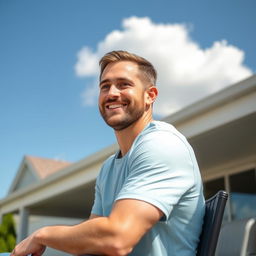 A friendly 35-year-old man sitting outdoors on a sunny day, wearing a light blue t-shirt