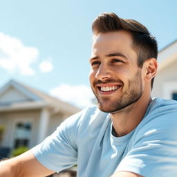 A friendly 35-year-old man sitting outdoors on a sunny day, wearing a light blue t-shirt