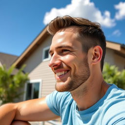 A friendly 35-year-old man sitting outdoors on a sunny day, wearing a light blue t-shirt