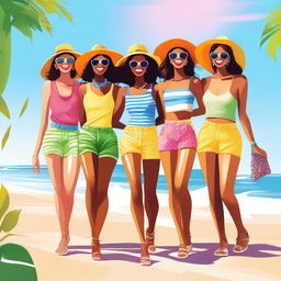 A digital art featuring a group of fashionable young women enjoying a sunny day at the beach