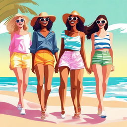 A digital art featuring a group of fashionable young women enjoying a sunny day at the beach