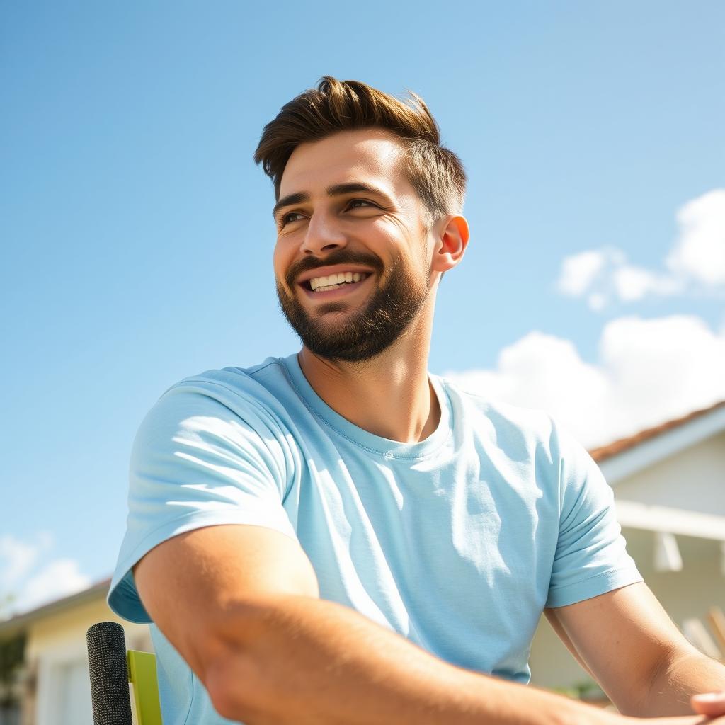 A 35-year-old friendly man sits outdoors on a sunny day, wearing a light blue t-shirt