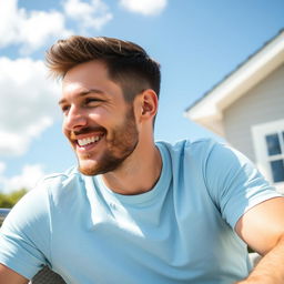 A 35-year-old friendly man sits outdoors on a sunny day, wearing a light blue t-shirt