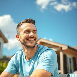 A 35-year-old friendly man sits outdoors on a sunny day, wearing a light blue t-shirt