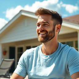 A 35-year-old friendly man sits outdoors on a sunny day, wearing a light blue t-shirt