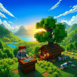 A vibrant and dynamic scene depicting a Minecraft survival series, featuring a pixelated landscape filled with lush green forests, towering mountains, and a sparkling blue lake