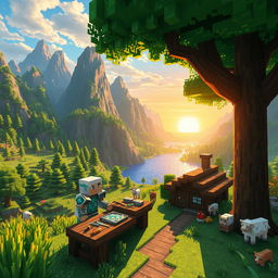 A vibrant and dynamic scene depicting a Minecraft survival series, featuring a pixelated landscape filled with lush green forests, towering mountains, and a sparkling blue lake