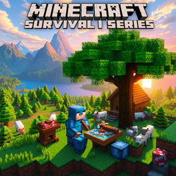 A vibrant and dynamic scene depicting a Minecraft survival series, featuring a pixelated landscape filled with lush green forests, towering mountains, and a sparkling blue lake