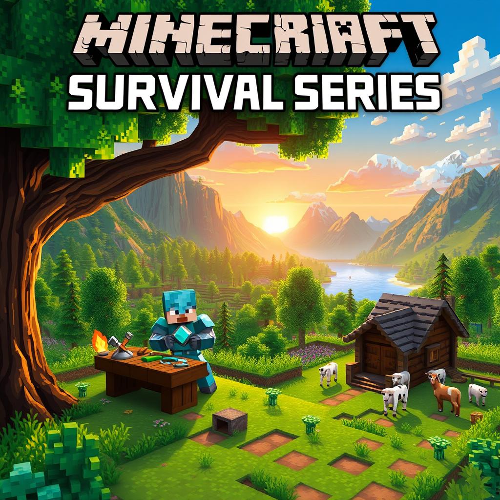 A vibrant and dynamic scene depicting a Minecraft survival series, featuring a pixelated landscape filled with lush green forests, towering mountains, and a sparkling blue lake