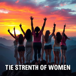 A powerful and inspiring image symbolizing 'The Strength of Women', featuring a diverse group of women of various ethnicities standing together on a mountain peak, arms raised triumphantly against a vibrant sunrise, their silhouettes reflecting strength and unity