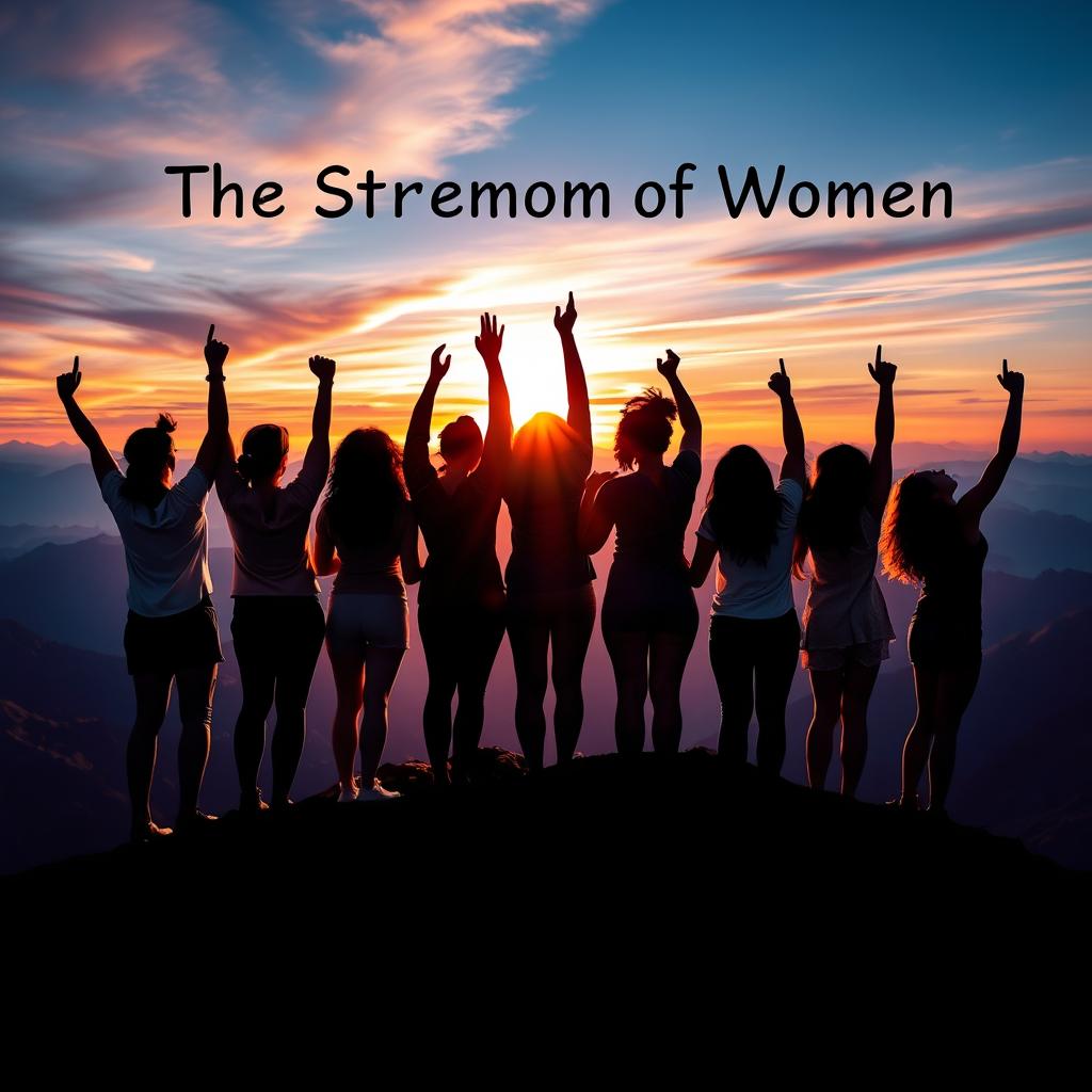 A powerful and inspiring image symbolizing 'The Strength of Women', featuring a diverse group of women of various ethnicities standing together on a mountain peak, arms raised triumphantly against a vibrant sunrise, their silhouettes reflecting strength and unity