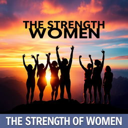 A powerful and inspiring image symbolizing 'The Strength of Women', featuring a diverse group of women of various ethnicities standing together on a mountain peak, arms raised triumphantly against a vibrant sunrise, their silhouettes reflecting strength and unity