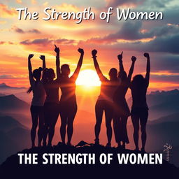 A powerful and inspiring image symbolizing 'The Strength of Women', featuring a diverse group of women of various ethnicities standing together on a mountain peak, arms raised triumphantly against a vibrant sunrise, their silhouettes reflecting strength and unity