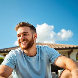 A 30-year-old friendly man sits outdoors on a sunny day, wearing a light blue t-shirt