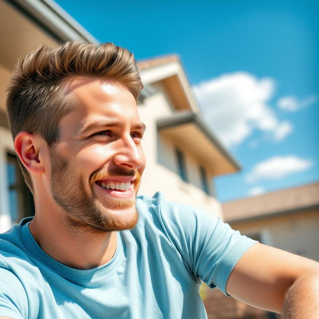 A 30-year-old friendly man sits outdoors on a sunny day, wearing a light blue t-shirt